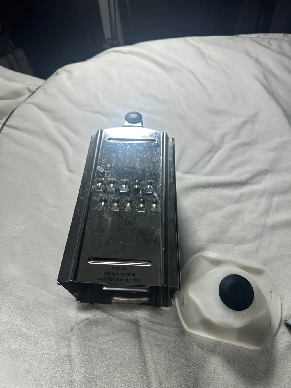 Stainless Steel Box Grater with White Plastic Food Holder